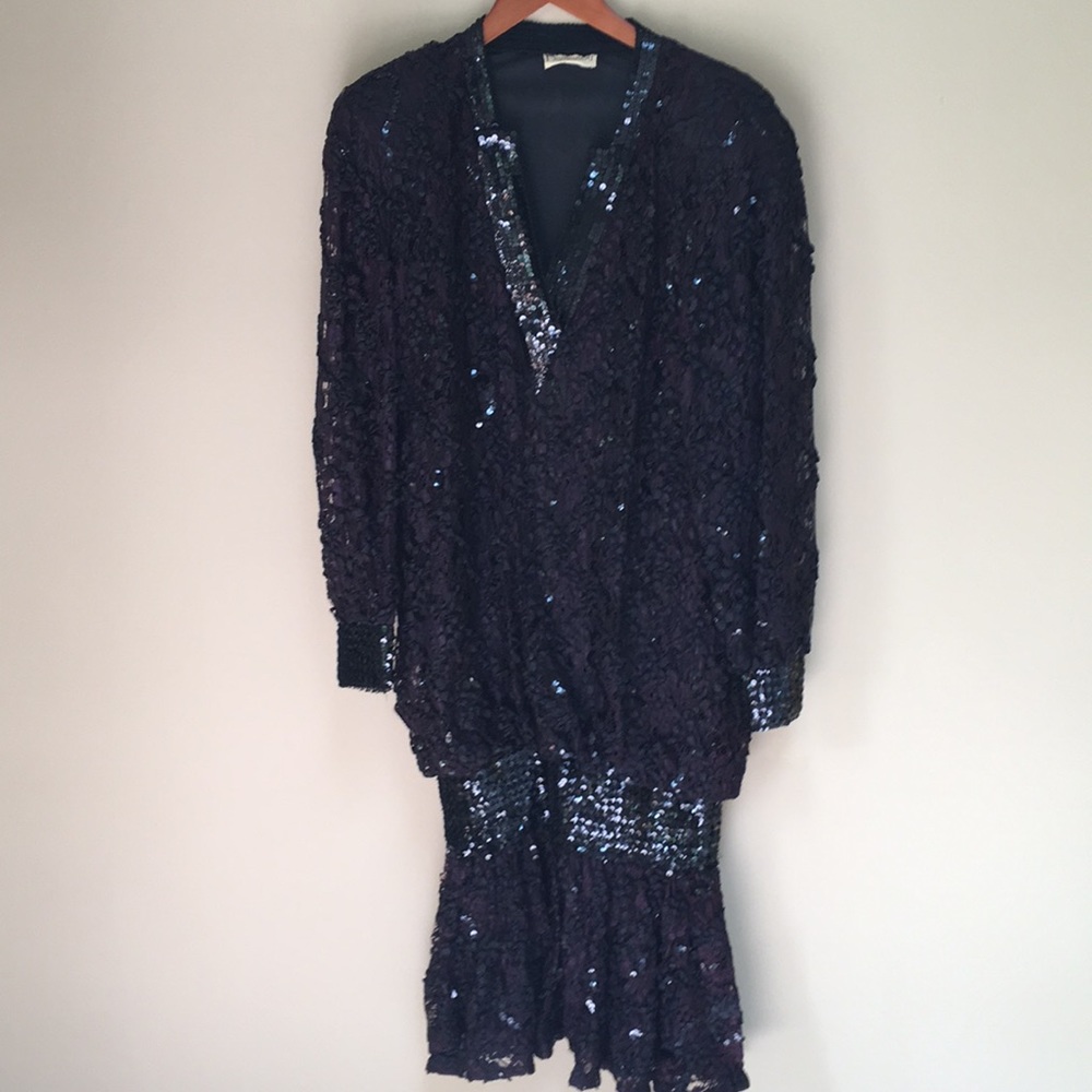 Vintage Damianou Black Lace & Sequined Dress M